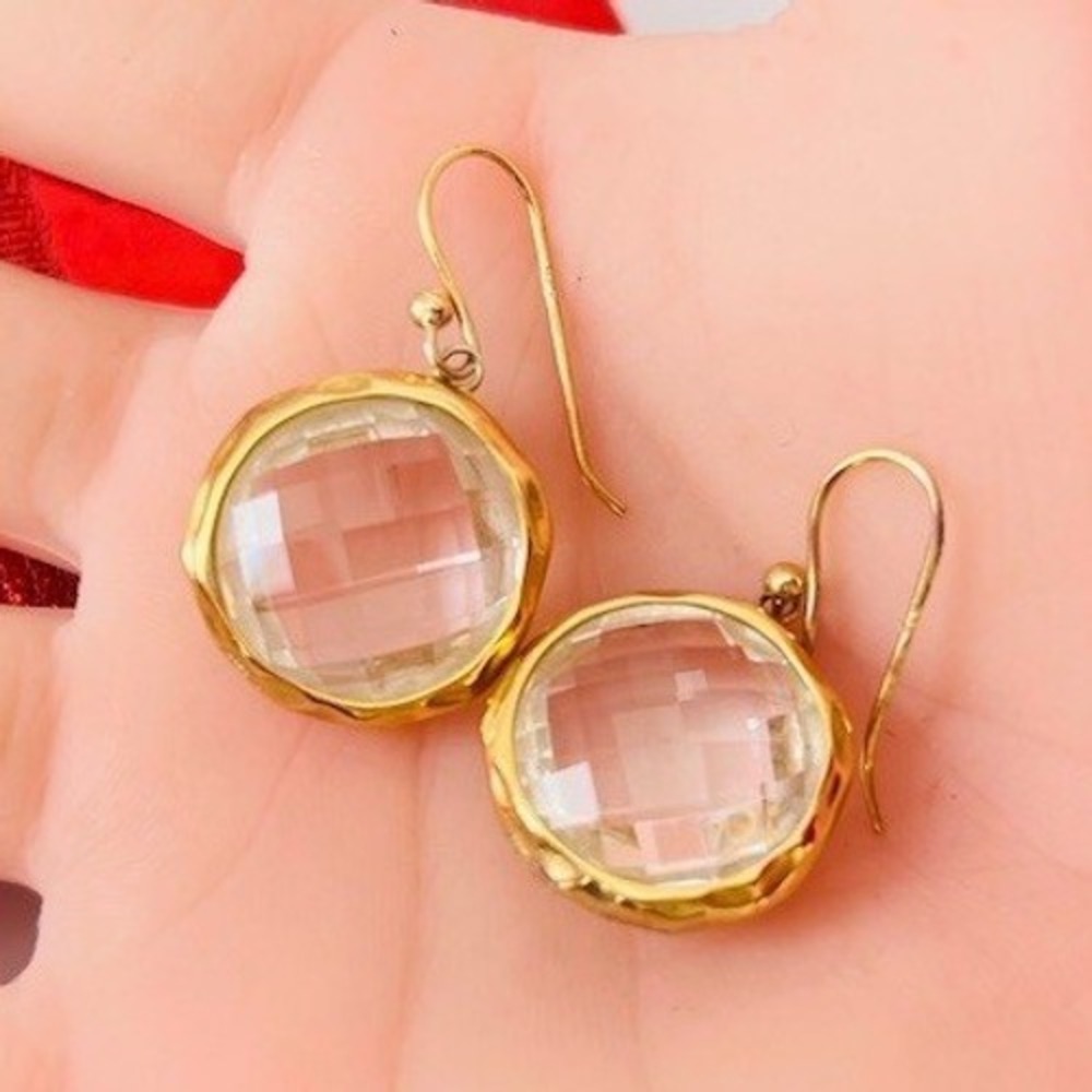 MA 14K Gold Sterling Silver 925 Earrings Clear Crystal Round Faceted Drop Dangle